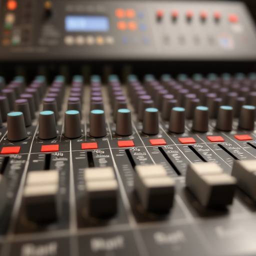 Close-up of mixing console with faders being adjusted by a sound engineer at Sonic Bloom Studios