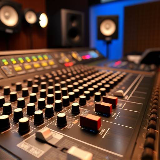 Image of mixing console with faders and knobs