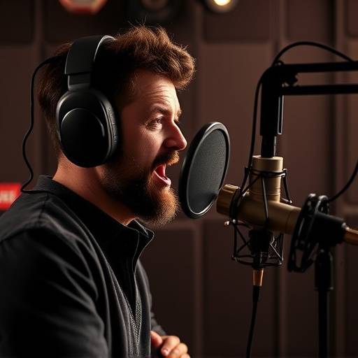 Voice actor recording a voice over in a booth at Sonic Bloom Studios